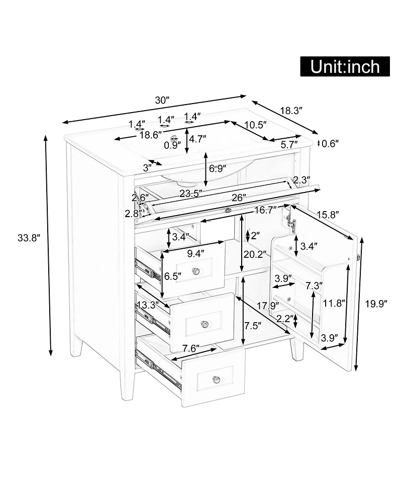 Casainc Bathroom Vanity with Sink 3 Drawers and Adjustable Shelf Freestanding Storage