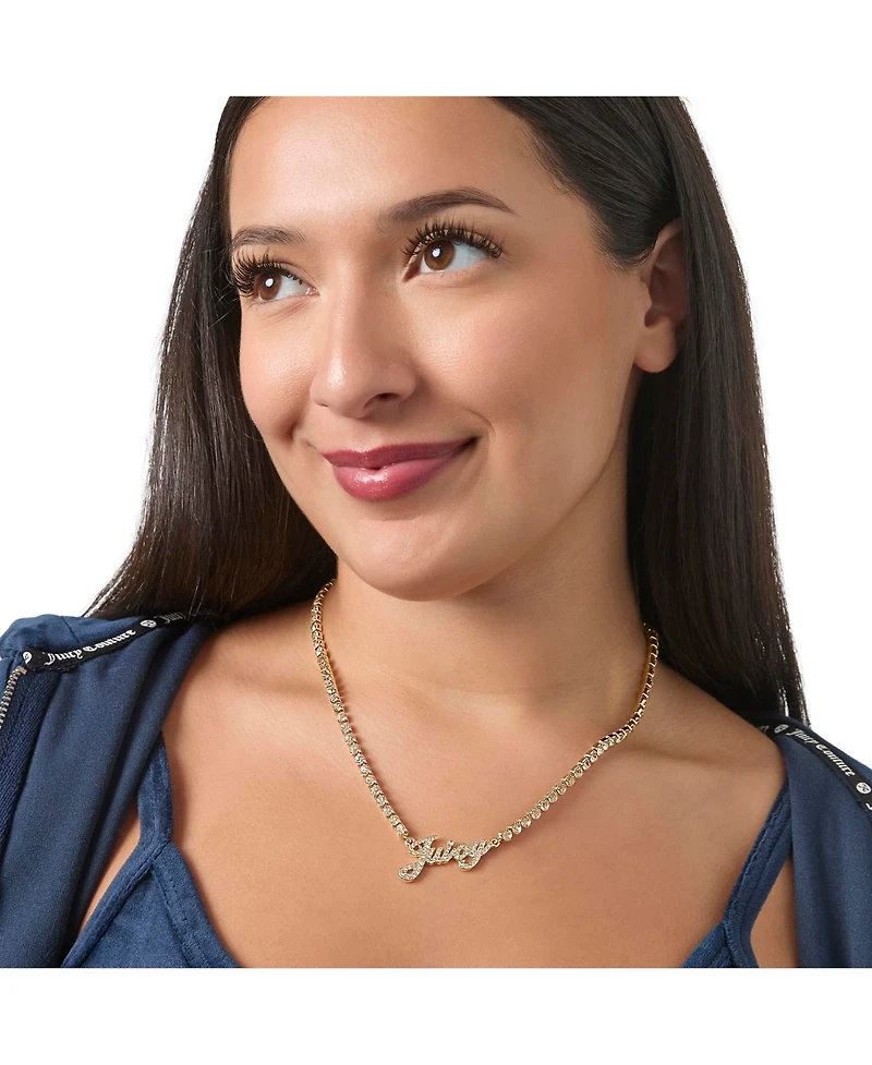 Juicy Couture Logo Script Chain Pave Necklace