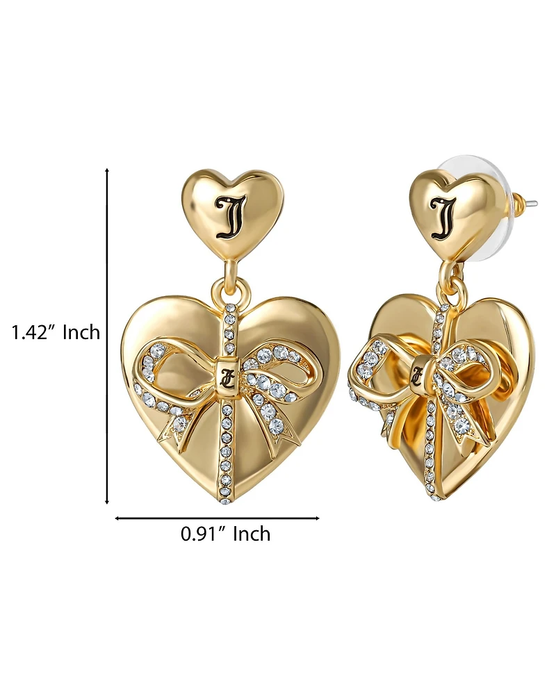 Juicy Couture Quilted Double Heart Drop Earrings, Gold Tone with Crystal Accents