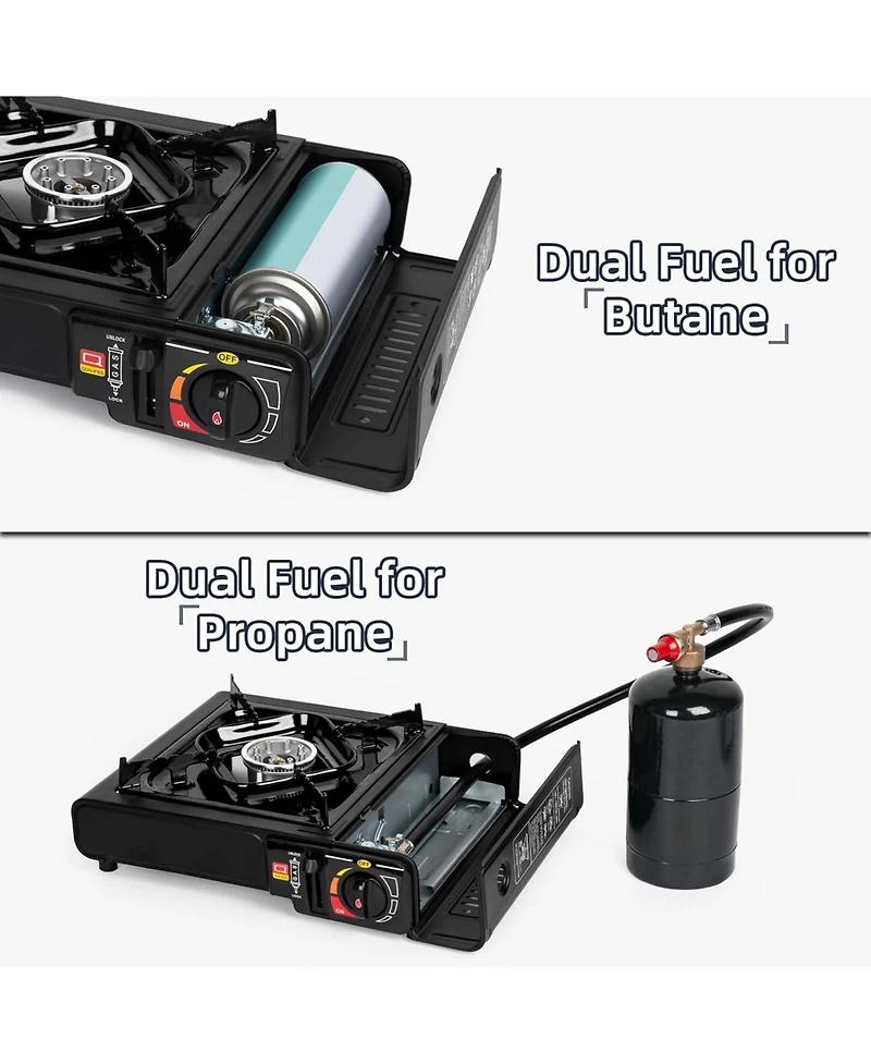 Aofar Dual Fuel Camping Stove – 7800 Btu Portable Butane & Propane Compatible Stove with Adapter Hose & Carrying Case