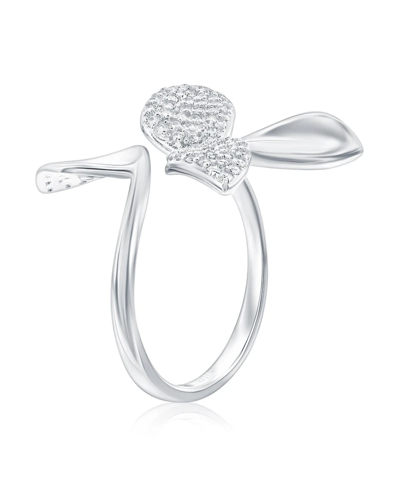 Suzy Levian New York Sterling Silver Cubic Zirconia Abstract Flower Leaf Bypass Ring.