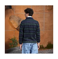 Campus Sutra Men's Navy Blue & Emerald Green Striped-Jacquard Sherpa-Lined Jacket