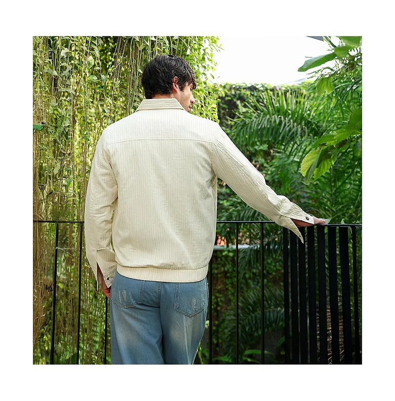 Campus Sutra Men's Cream White Lined-Tactile Bomber Jacket