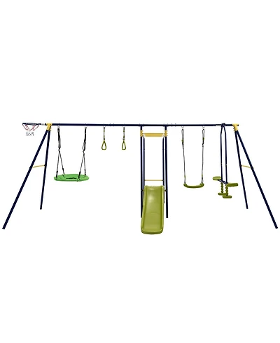 Hongge Kids Outdoor 7 in 1 Metal Swing Set with Slide Monkey Bar and Basketball Hoop