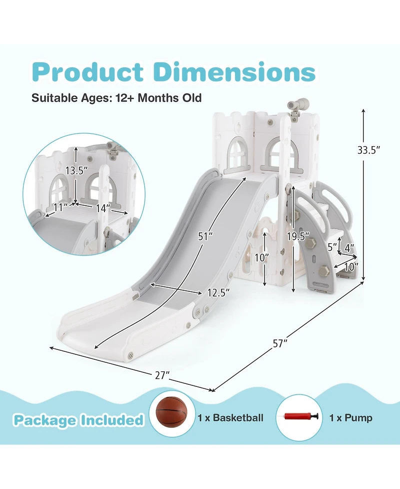 Skonyon 6-in-1 Toddler Slide L-shaped Playground with Basketball Hoop and Ladder