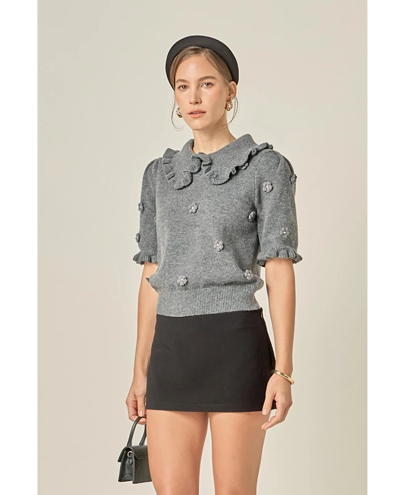 English Factory Women's Pearl Floral Ruffle Sleeve Knit