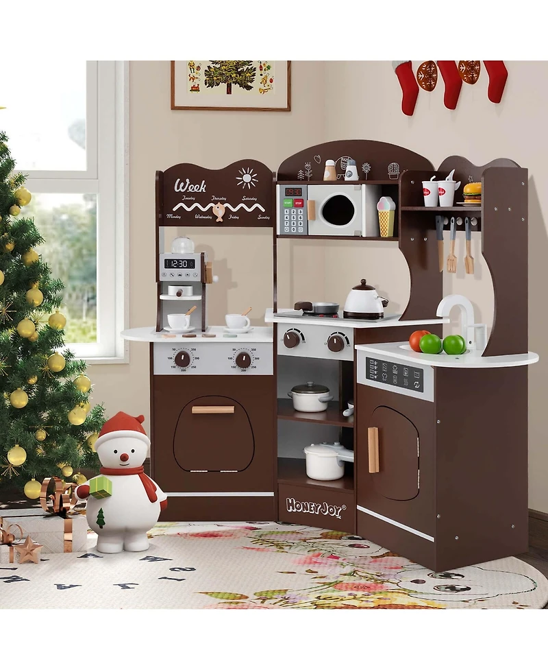 Corner Kitchen Playset with Coffee Machine Oven Microwave Washing