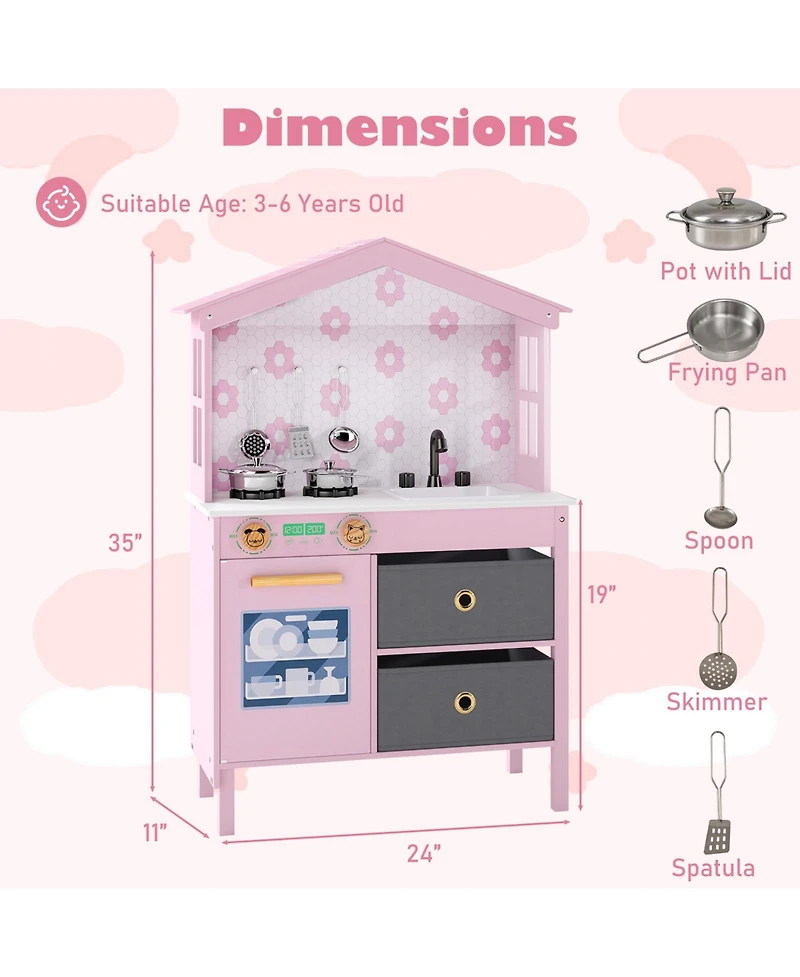Gymax Kids Play Kitchen w/2 Stoves Rotation Knobs Faucet Sink Dishwasher Drawers