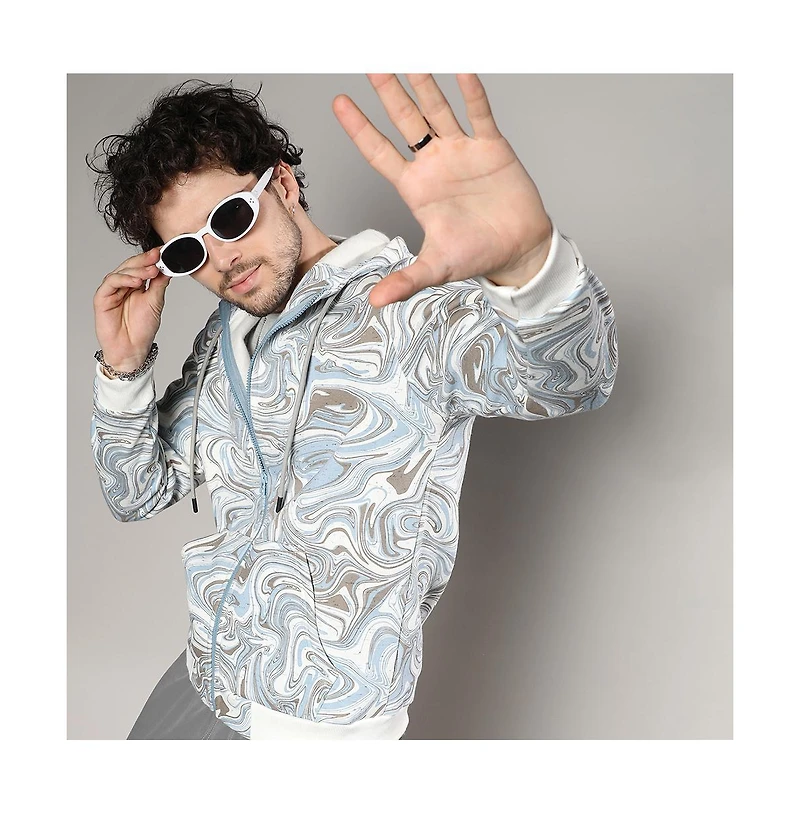 Campus Sutra Men's Icy Blue & Olive Green Contrast Fluid Zip Front Hoodie