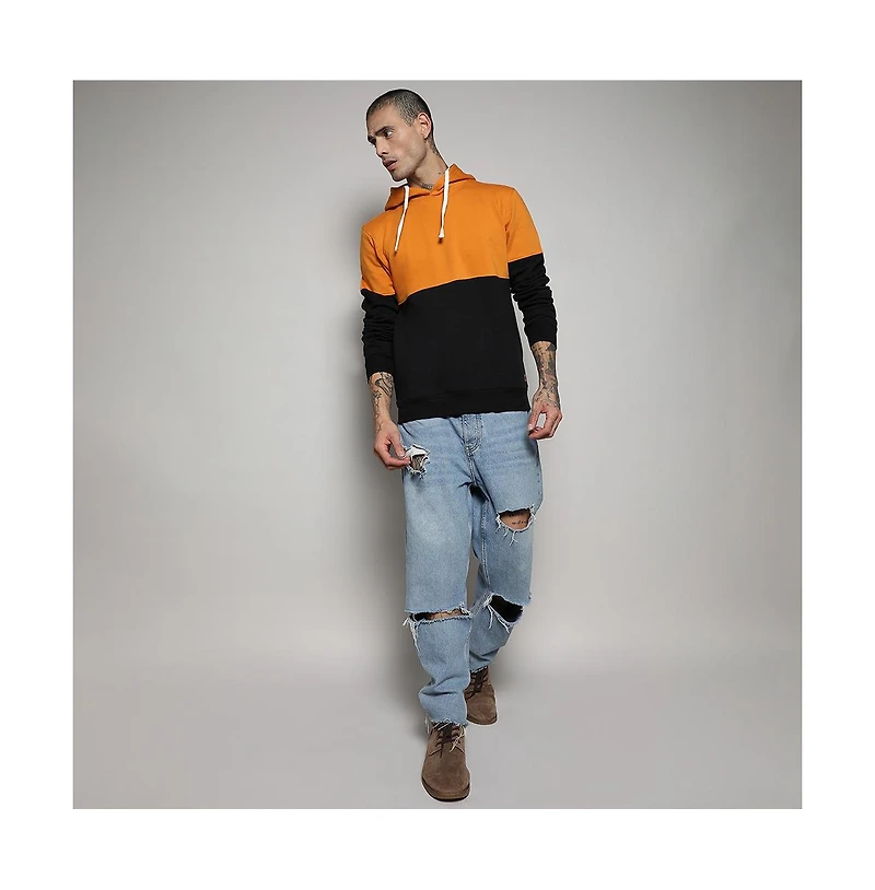 Campus Sutra Men's Black & Mustard Yellow Pullover Hoodie With Ribbed Hem