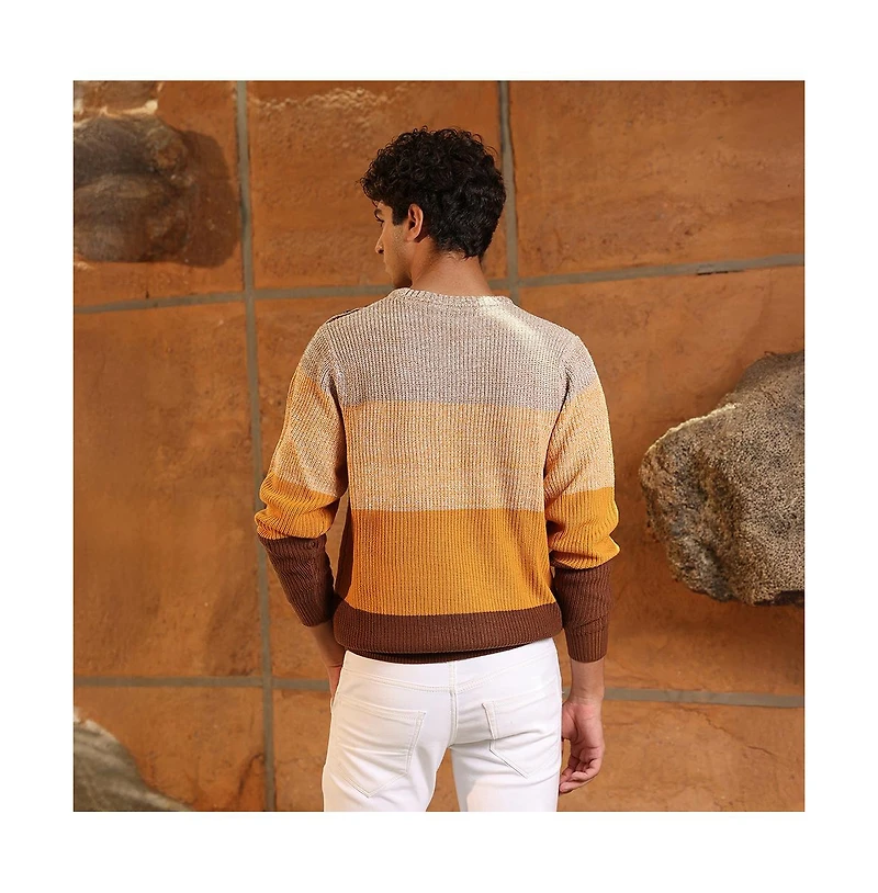 Campus Sutra Men's Pumpkin Orange & Chocolate Brown Panel-Jacquard Knit Pullover Sweater