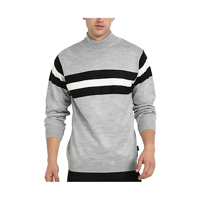 Campus Sutra Men's Light Grey Relaxed Horizontal Striped Pullover Sweater