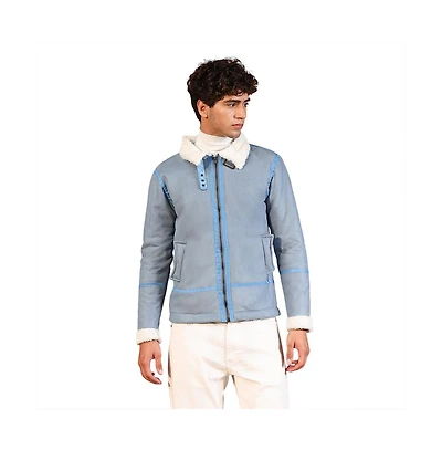 Campus Sutra Men's Powder Blue Contrast Sherpa-Lined Suede Rider Jacket