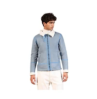 Campus Sutra Men's Powder Blue Contrast Sherpa-Lined Suede Rider Jacket
