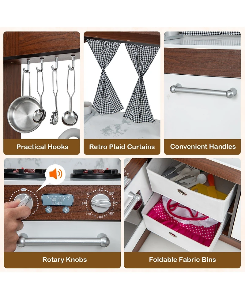 Sugift Wooden Corner Play Kitchen with Water Circulation System and Lights