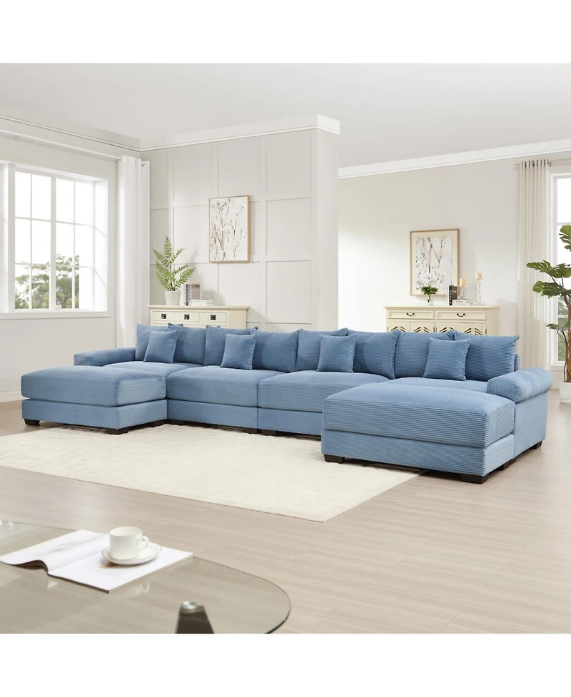 Streamdale Oversized U-Shape Sectional Couch, Premium Corduroy Fabric, Blue