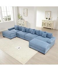 Streamdale Oversized U-Shape Sectional Couch, Premium Corduroy Fabric, Blue