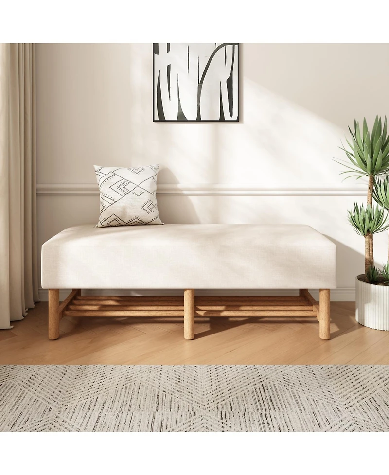 Streamdale Furniture Rectangular Upholstered Linen Fabric Ottoman Bench, Solid Wood Legs, Beige