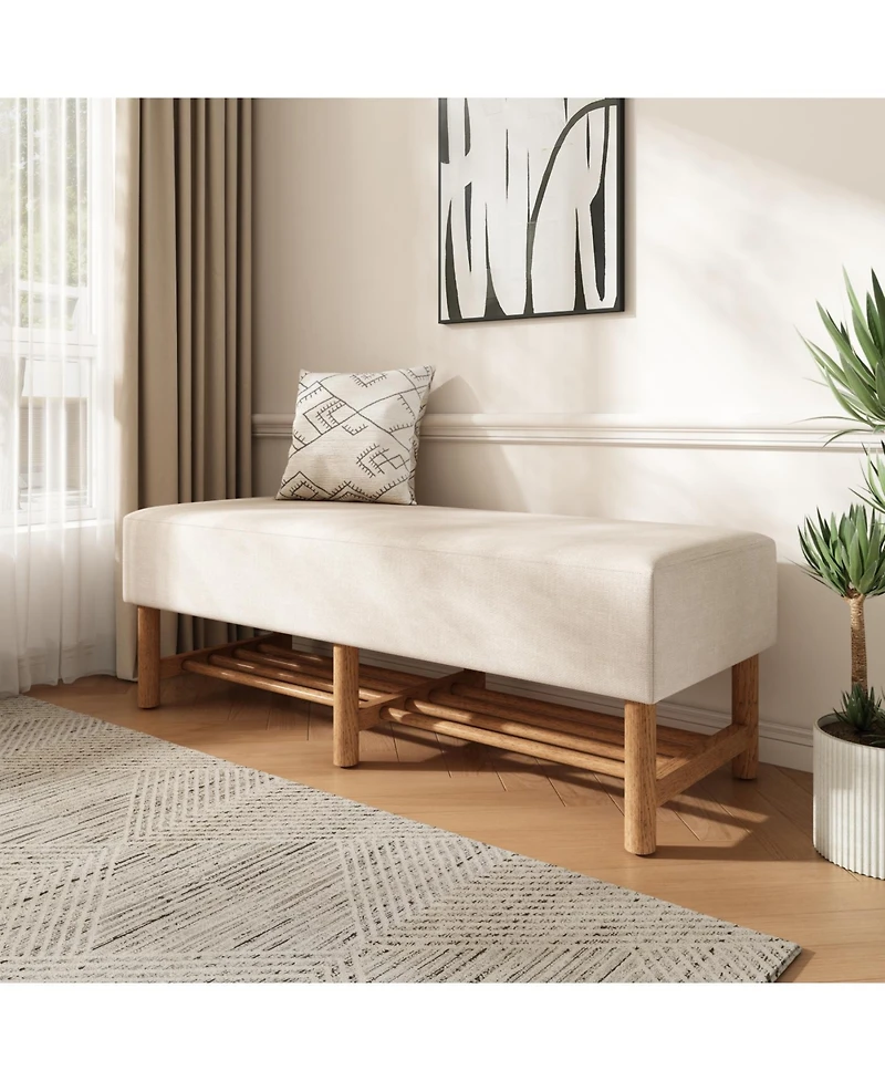 Streamdale Furniture Rectangular Upholstered Linen Fabric Ottoman Bench, Solid Wood Legs, Beige