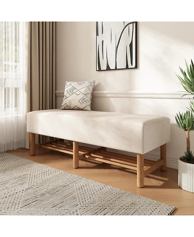Streamdale Furniture Rectangular Upholstered Linen Fabric Ottoman Bench, Solid Wood Legs, Beige