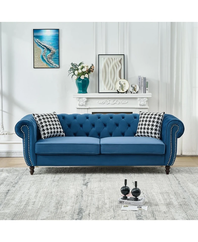 Streamdale Furniture Streamdale 3+3 Seater Blue Velvet Chesterfield Sofa with Roll Armrest & Nailhead
