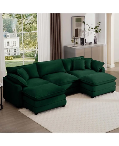 Streamdale Furniture Oversized Modular Cushion Sofa with Ottoman, L-Shaped Corner Sofa Bed, Green Corduroy