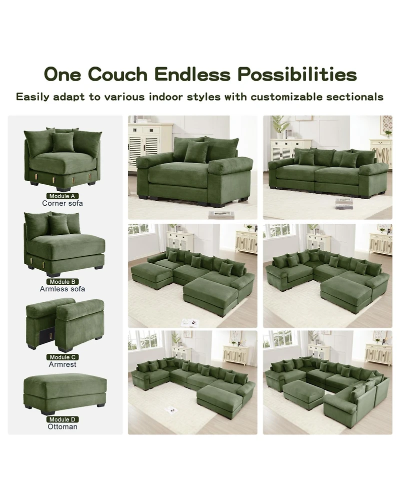 Streamdale Furniture 130" Oversized Cloud Modular Sectional Couch, Premium Corduroy 3-Seater Sofa, Green