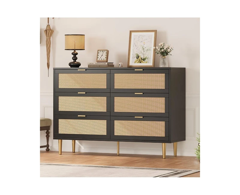 Gaomon Wooden Natural Rattan 6 Drawer Dresser for Bedroom