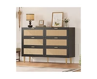 Gaomon Wooden Natural Rattan 6 Drawer Dresser for Bedroom