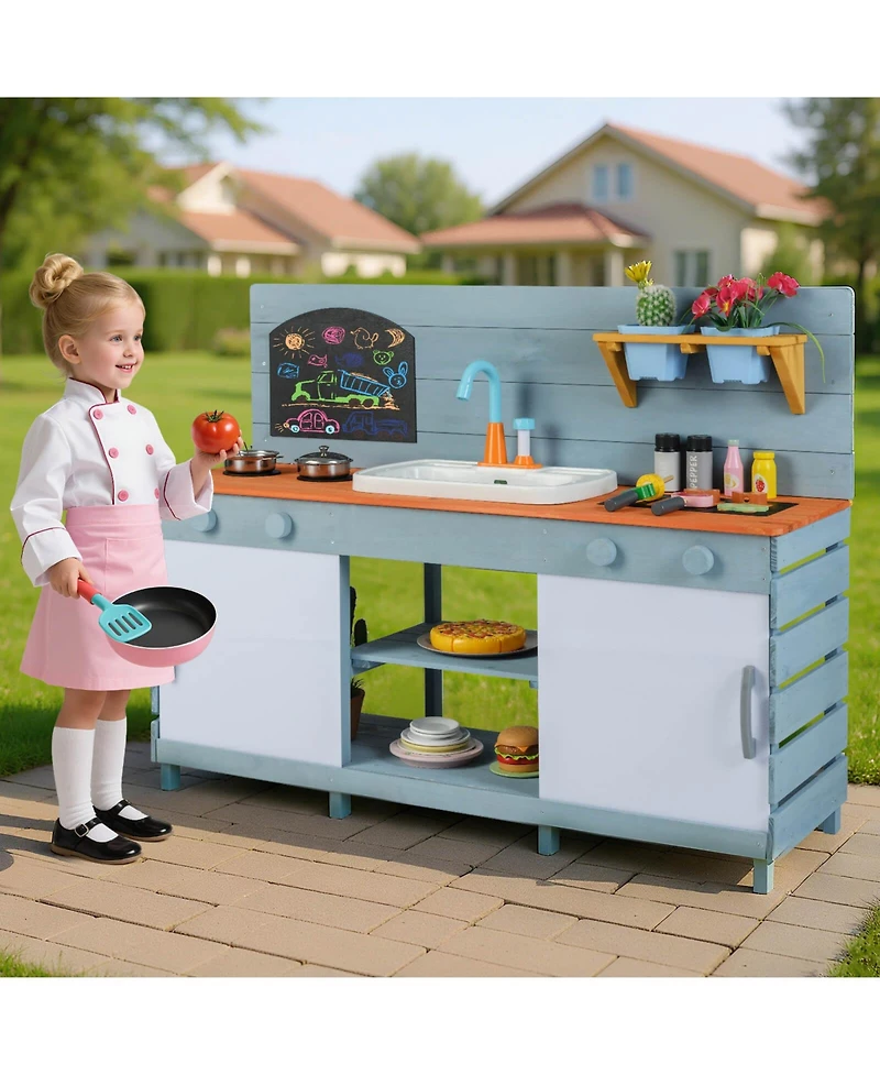 Costway Play Kitchen for Kids Wooden Toy Kitchen Playset with Chalkboard Grill Rack