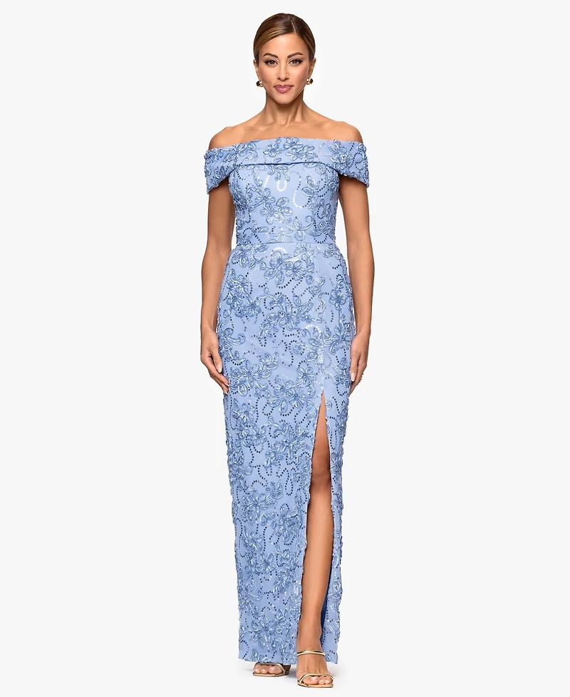 Xscape Petite Straight Neck Off-The-Shoulder Long Dress