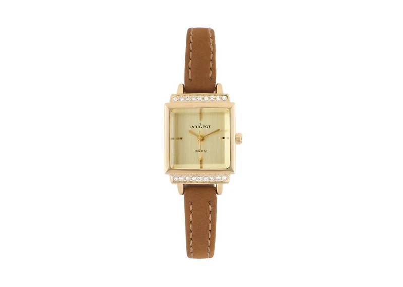 Peugeot Women's 22mm Crystal Watch Gold Dial & Tan Strap