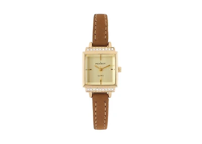 Peugeot Women's 22mm Crystal Watch Gold Dial & Tan Strap