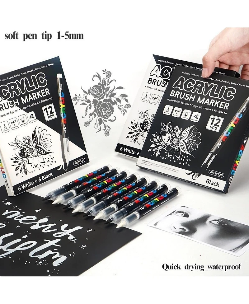 Htutwoo 12Pcs White Acrylic Paint Pens, Soft Brush Tip Markers for Wood, Metal, Rock, Plastic, Glass, Canvas and Fabric