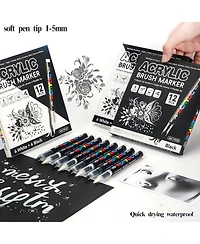 Htutwoo 12Pcs White Acrylic Paint Pens, Soft Brush Tip Markers for Wood, Metal, Rock, Plastic, Glass, Canvas and Fabric