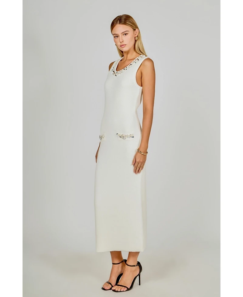 endless rose Women's Boucle Knit Jewel Trim Midi Dress