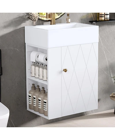 Boyel Living 20 Inch Bathroom Vanity with Ceramic Sink, Diamond Pattern Door, Gold Handle, Side Storage Shelves, Modern Cabinet Towel Bar