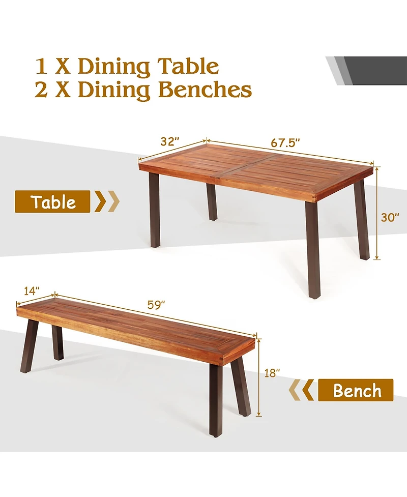 Costway 3 Pieces Picnic Table Set Acacia Wood Table Bench with Steel Legs Outdoor Patio