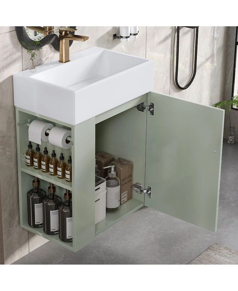 Casainc Bathroom Vanity with Ceramic Sink Diamond Pattern Door and Gold Handle