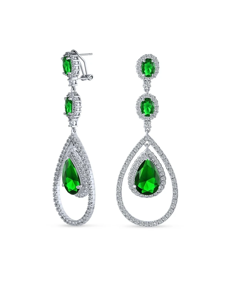 Bling Jewelry Set of 2 Art Deco Style Clear & Greeen Cubic Zirconia Double Halo Large Teardrop Cz Statement Dangle Chandelier Earrings