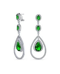 Bling Jewelry Set of 2 Art Deco Style Clear & Greeen Cubic Zirconia Double Halo Large Teardrop Cz Statement Dangle Chandelier Earrings