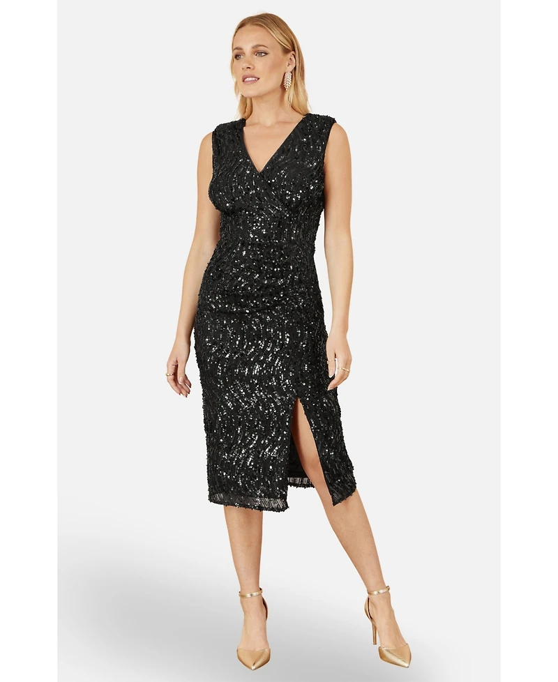 Yumi Women's Sequin Fitted Wrap Dress With Split Hem