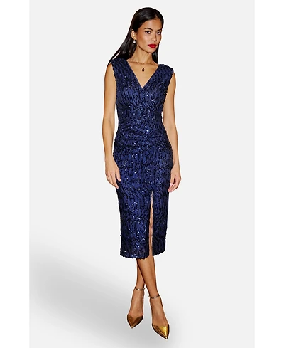 Yumi Women's Sequin Fitted Wrap Dress With Split Hem