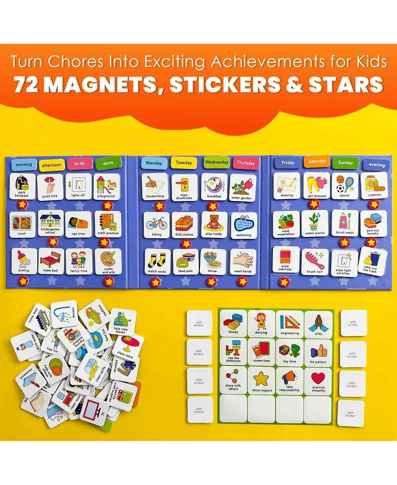 Quokka Magnetic Chore Chart for Kids with 72 Routine Magnets & Star Rewards - Foldable Visual Daily Responsibility Schedule