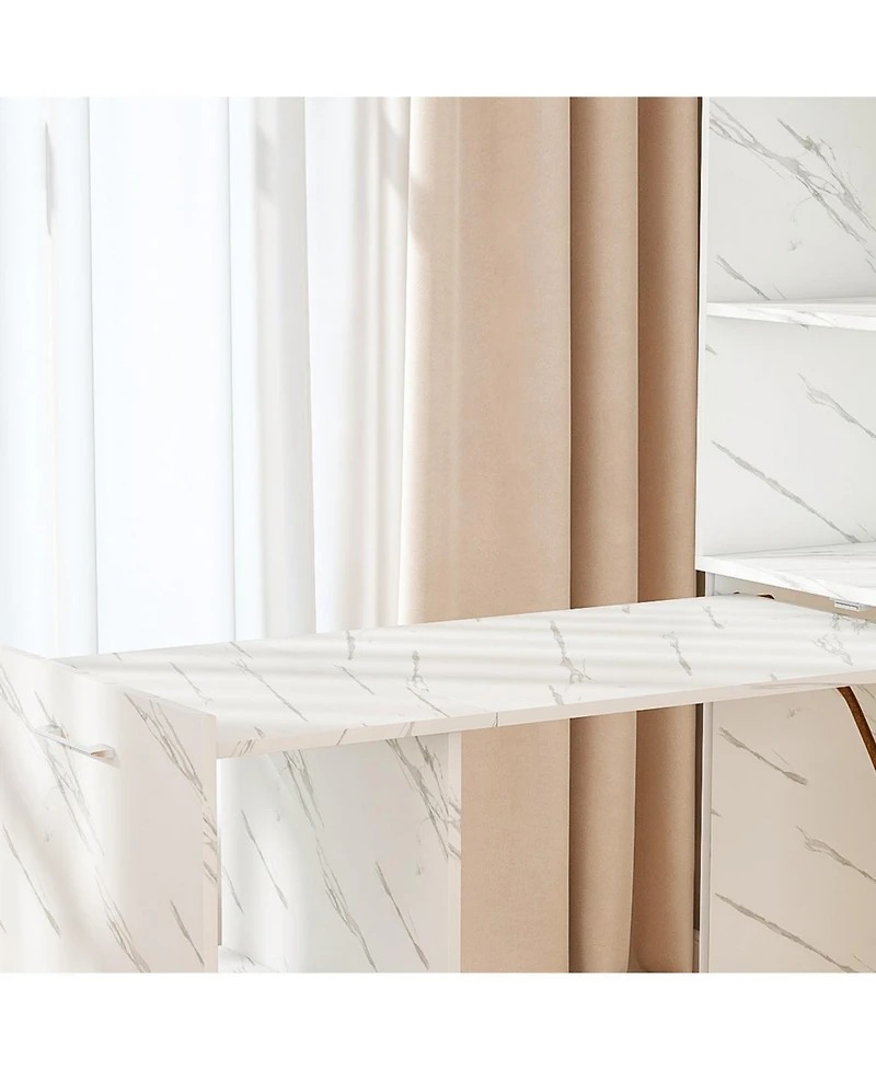 Streamdale Stretchable desk with storage shelves and wheels, foldable, white marble