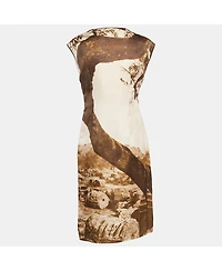 Pre-Owned Dolce & Gabbana Women's Beige Digital Greek Temple Print Silk Sleeveless Midi Dress