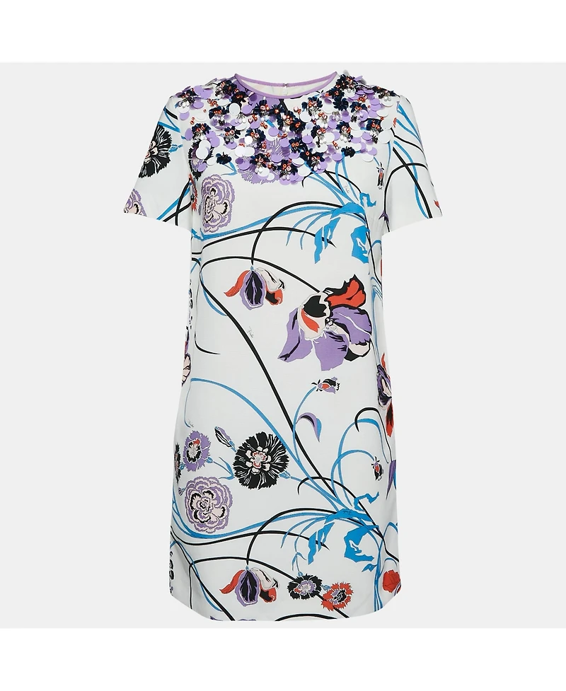 Pre-Owned Emilio Pucci Women's White Floral Cotton Blend Embellished Mini Dress