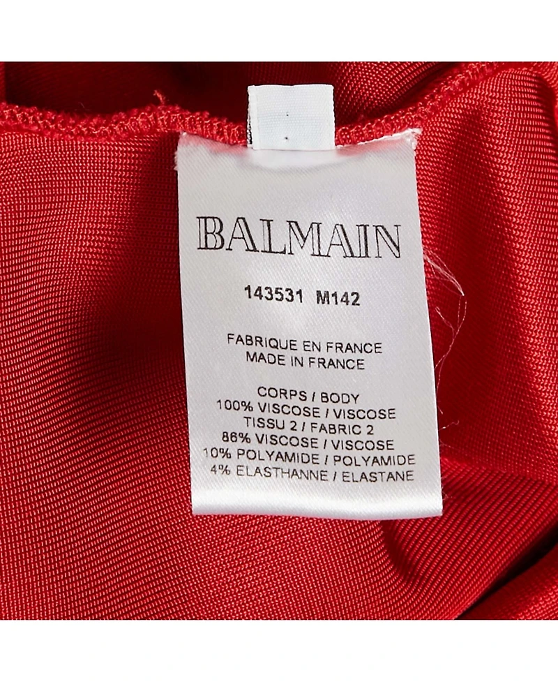 Pre-Owned Balmain Women's Red Jersey & Knit Plunge Neck Button Detailed Mini Dress