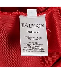 Pre-Owned Balmain Women's Red Jersey & Knit Plunge Neck Button Detailed Mini Dress