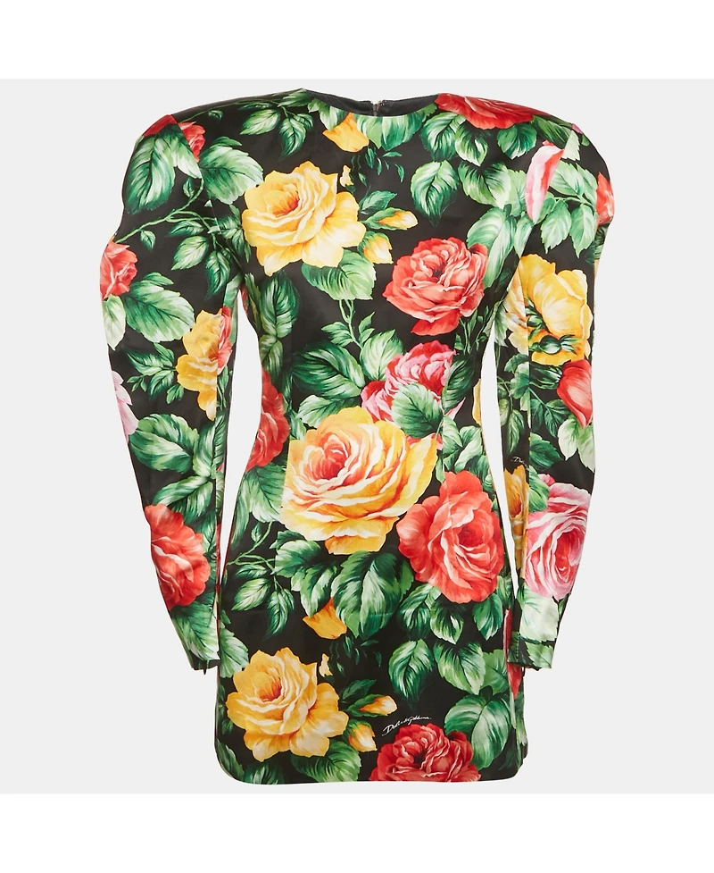 Pre-Owned Dolce & Gabbana Women's Black Floral Print Satin Puff Sleeve Mini Dress